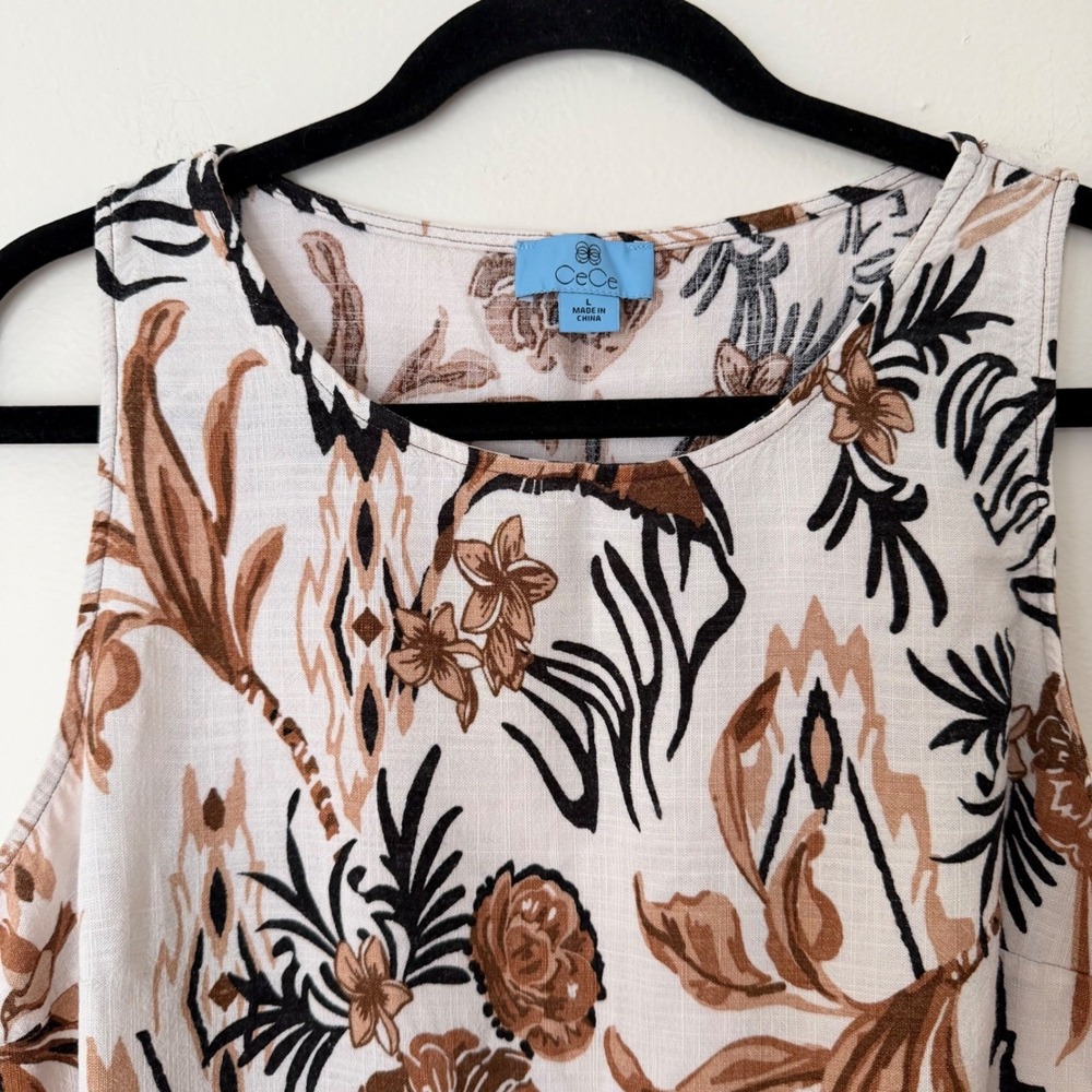 CeCe Womens Tan Top Large Tropical Pineapple Hummingbird Linen Blend Sleeveless - Picture 5 of 11